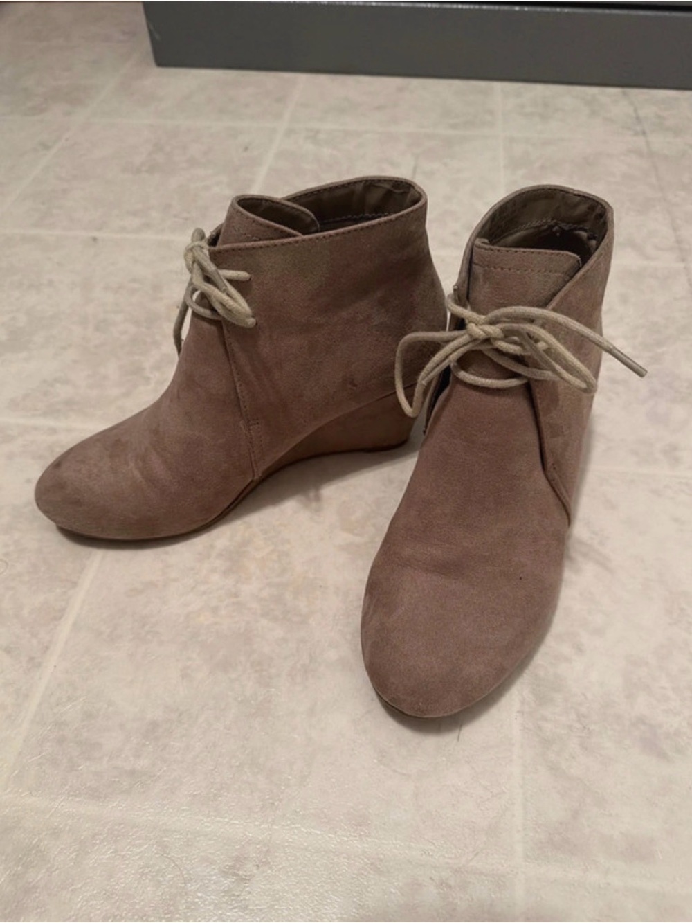 new directions Taupe Suede Lace-Up Ankle Wedge Booties